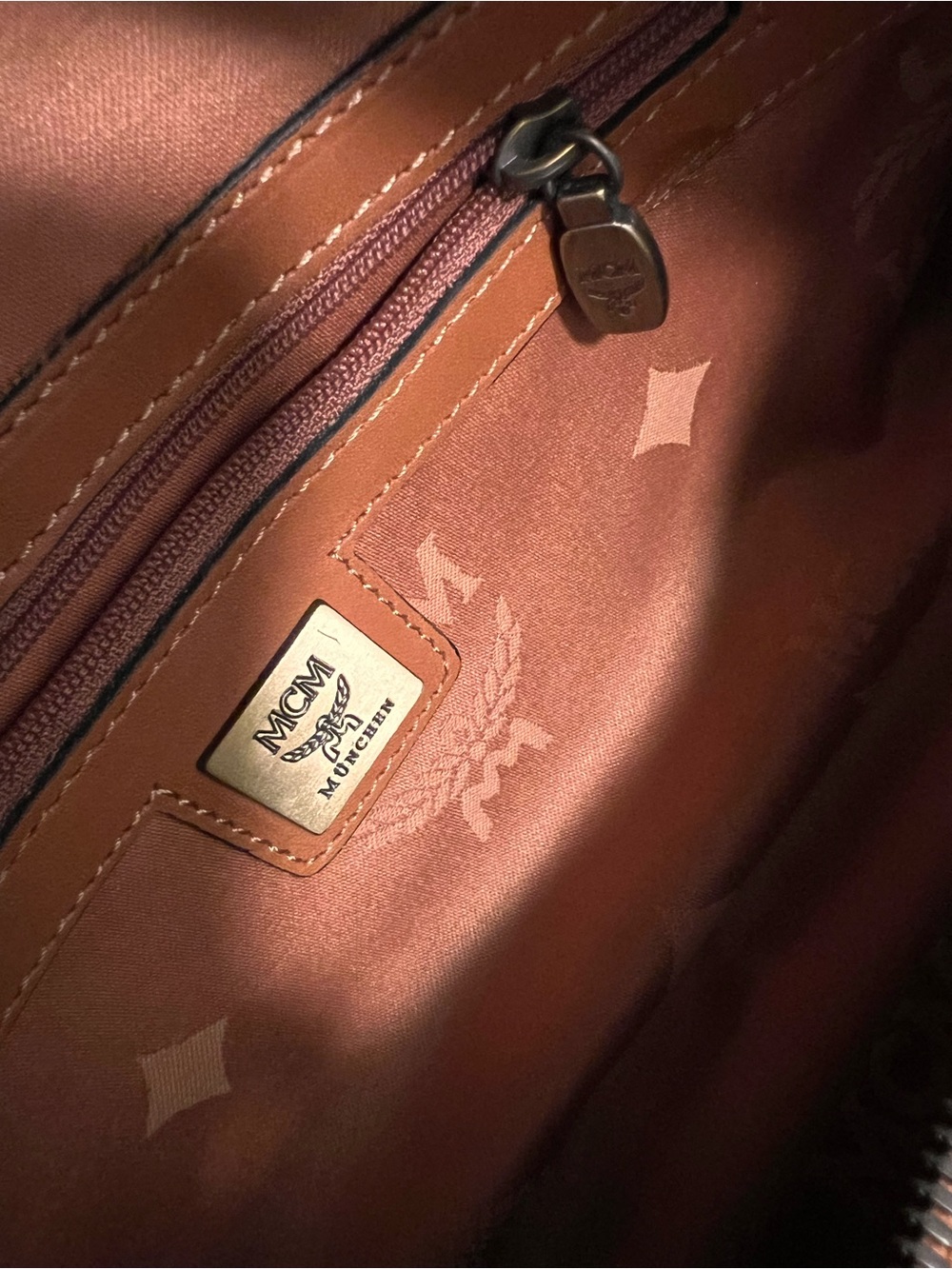 MCM Cognac Monogram Barrel Satchel with Gold Hardware - Picture 10 of 11